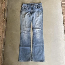 Miss Me Jeans Womens 27 Bootcut Distressed Rhinestone Cross Embroidered Denim