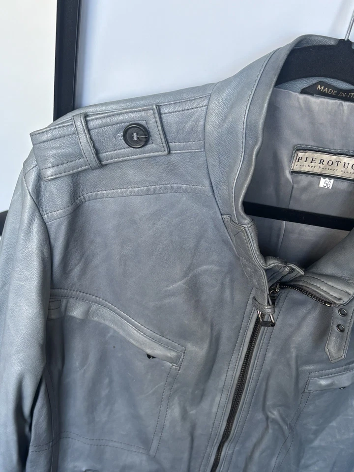 Jaqueta de couro azul claro masculina Pierotucci, muitos bolsos, tamanho (56) - Imagem 3 de 4