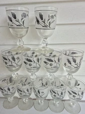 VINTAGE MID-CENTURY GOBLETS GLASS SET OF 11 HARVEST WHEAT SILVER