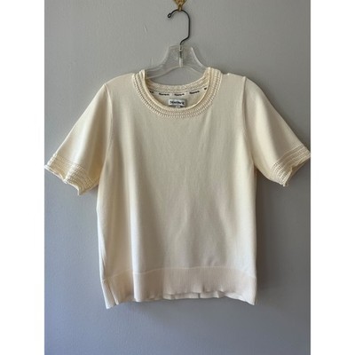 Bearpaw Sz L Crochet Short Sleeve Crewneck Top Blouse Cream Stretch Pullover