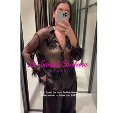 ZARA WOMAN NWT FW25 BROWN SEMI-SHEER SEQUIN FEATHER BLOUSE 8896/820/700