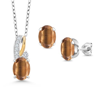 3.84 Ct Brown Tiger Eye E-F Lab Grown Diamond 925 Silver and 10K Yellow Gold