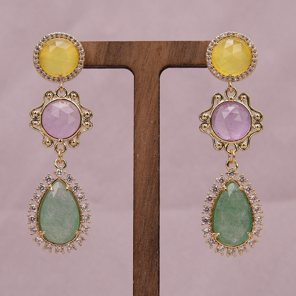 Natural Green Quartz Amethyst Dangle Cat Eye Stud Earrings