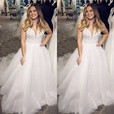 Elegant Wedding Dresses V Neck Lace Appliques A Line Tulle Train Bridal Gown