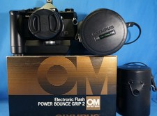 Olympus OM-2n Black SLR Camera Outfit w/ Accessories Flash Bundle TESTED