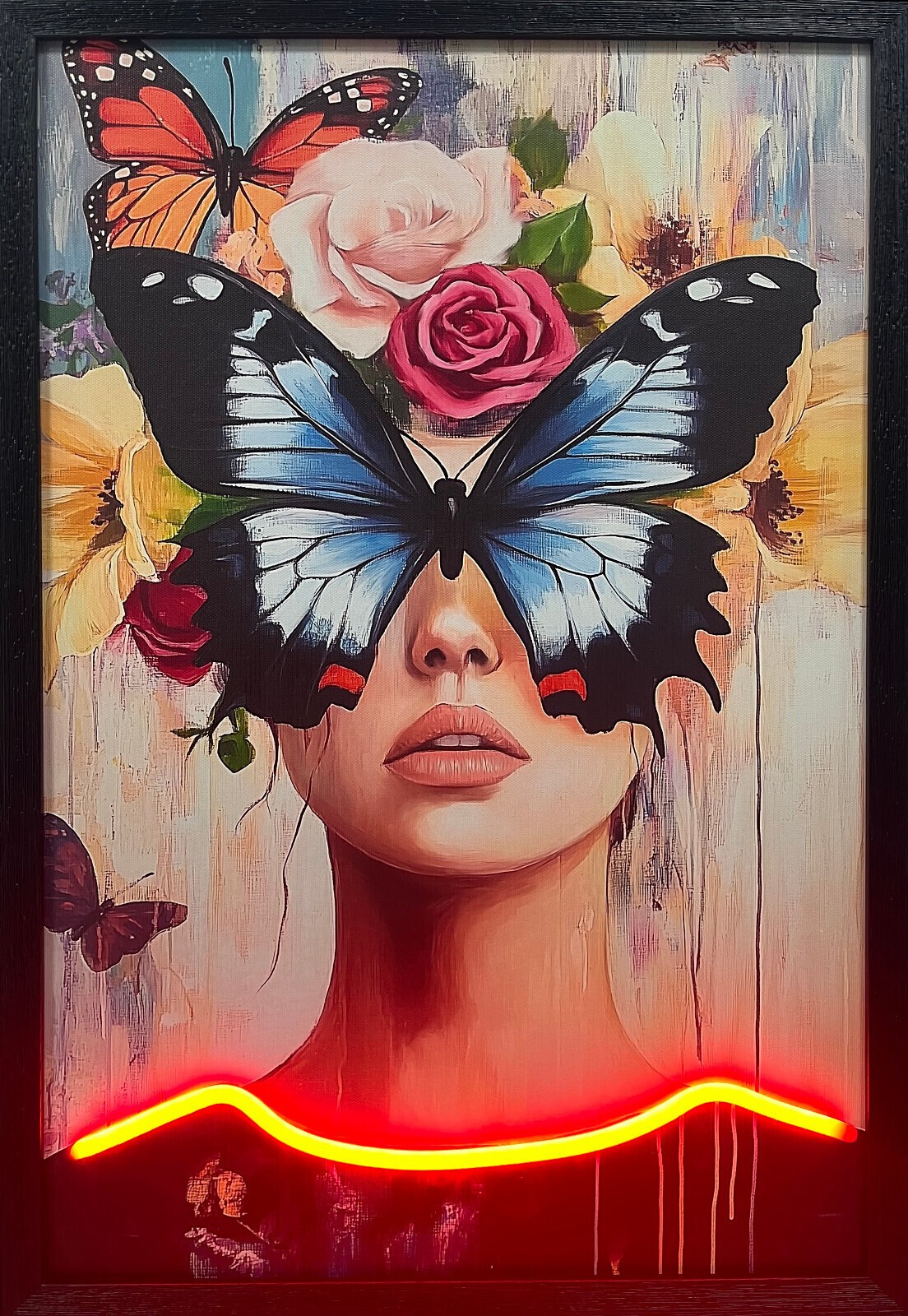 Butterfly Face Girl Neon LED Canvas Wall Art 40x60 cm