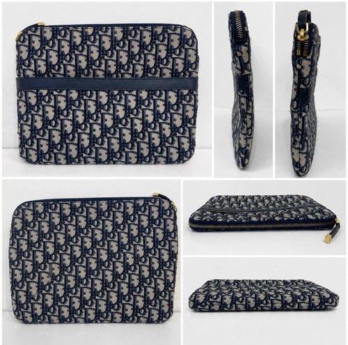 Authentic - Christian Dior Oblique Jacquard Pouch Clutch Bag Canvas Beige & Navy
