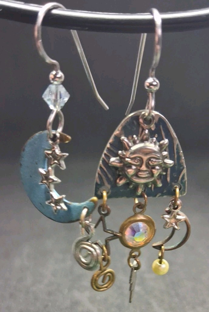 Eclectic Mismatched Celestial Dangle Earrings Sun… - image 3