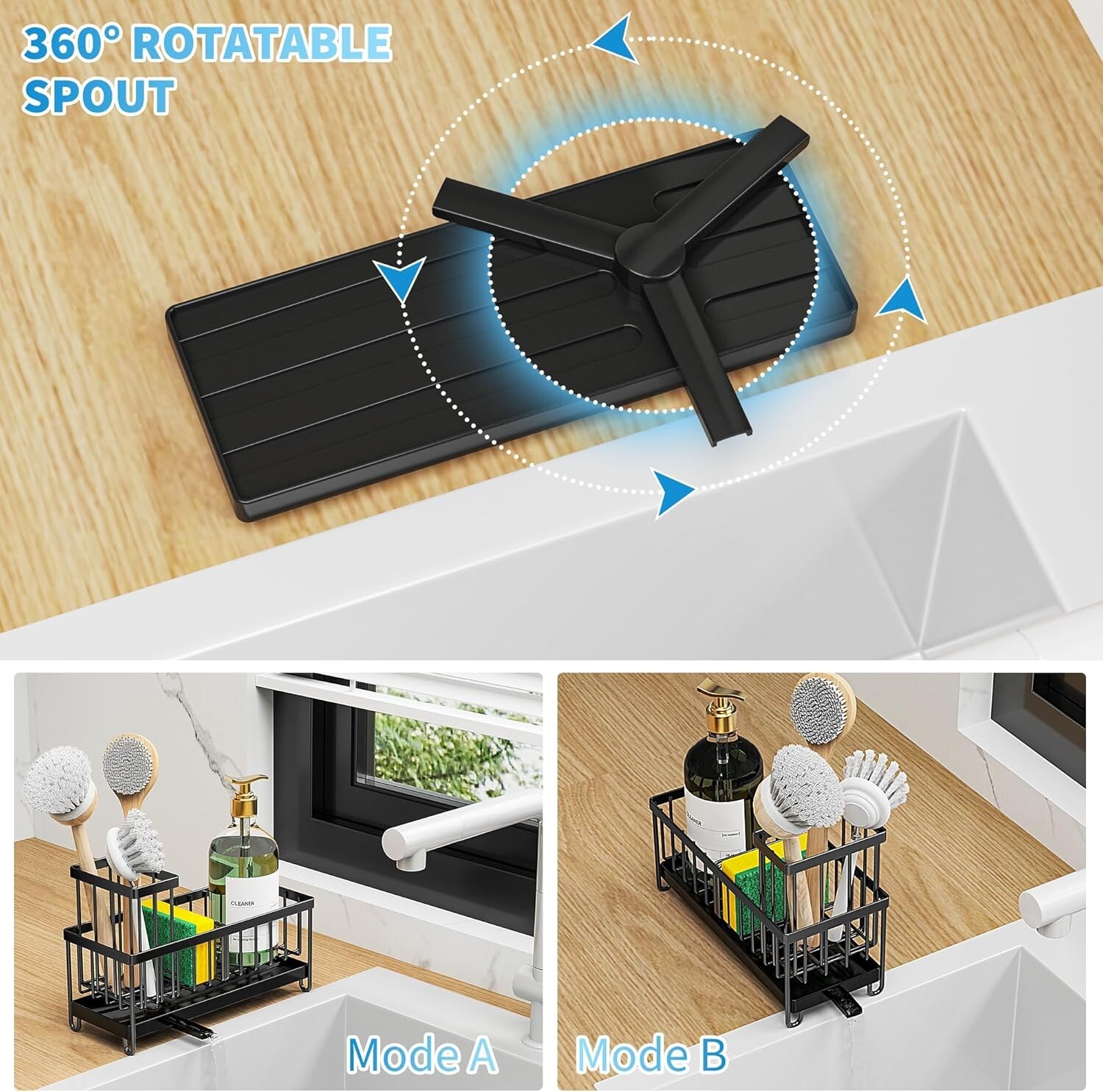 Black Sponge Holder for Kitchen Sink, Sink Caddy Organizer with High Brush Holde