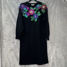 Vintage 80's Cristina Floral Sequined Long Sleeves Knit Sweater Dress Size L