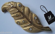 Signed Swan Swarovski Gold Plated Leaf  Brooch Pin DEFECT