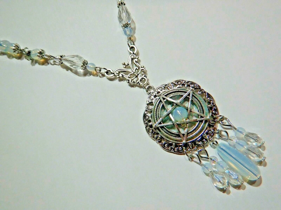 PENTAGRAM & OPALITE 串珠巫术吊坠项链女巫哥特式护身符 6C — 第 3/4 张图片