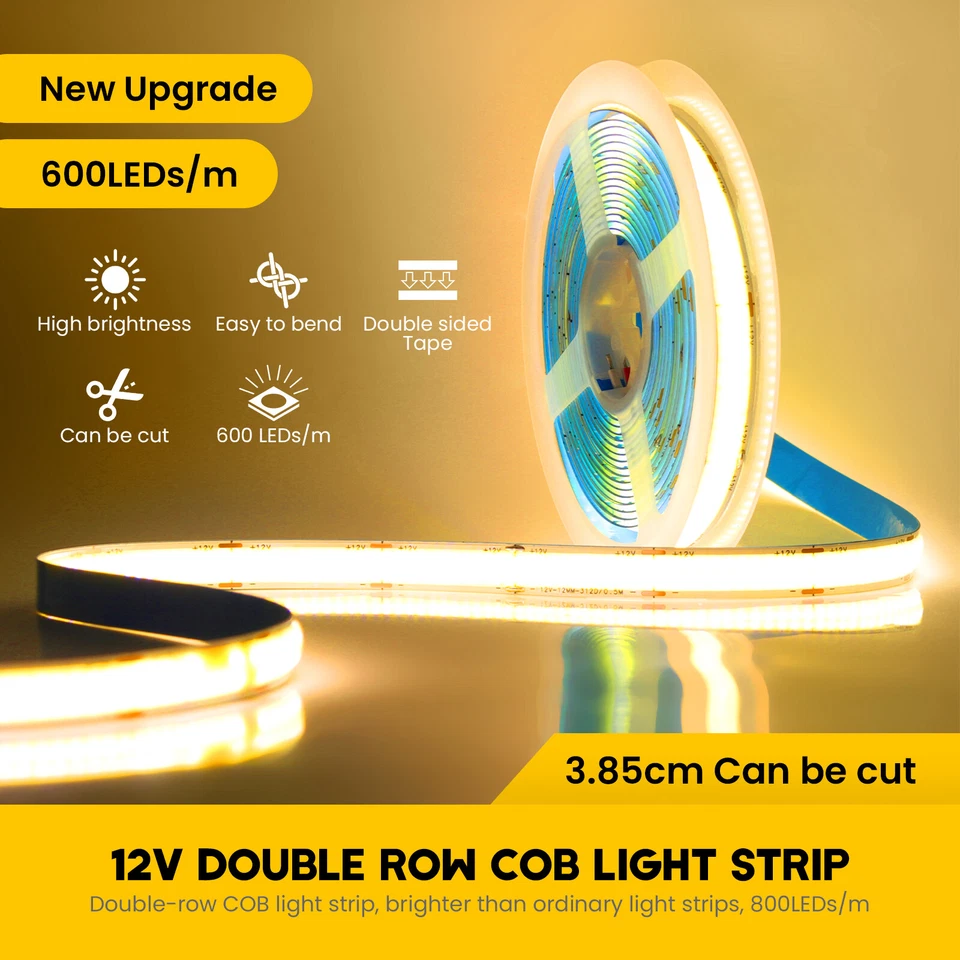 COB LED Strip Lights Double Row High Density Flexible Tape Rope 12V 24V White UK - Image 2 of 4