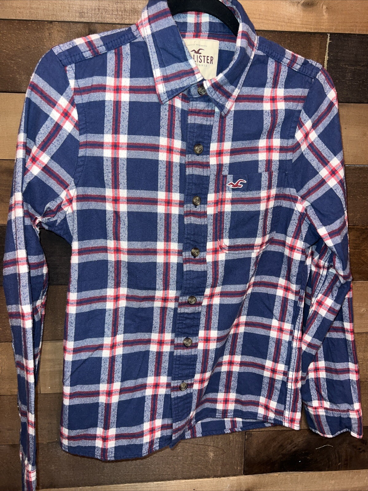 Hollister Flannel Shirt Mens Large Red Blue Plaid Cotton Long Sleeves-image