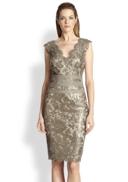 Tadashi Shoji Gold Sequin Lace Overlay V Neck Cocktail Dress Size