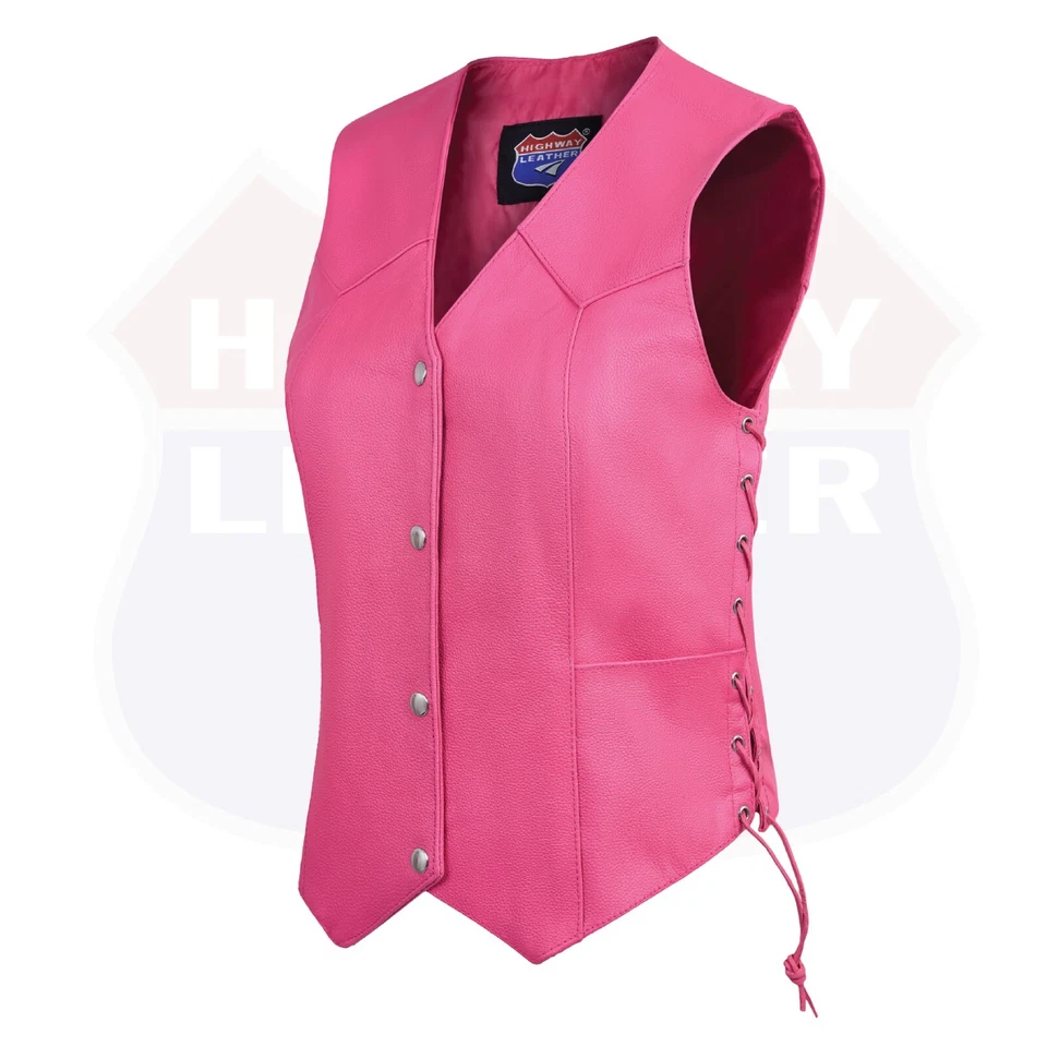 HL14501 Chaleco de cuero con cordones laterales color rosa intenso para mujer con bolsillos para pistola para club Foto 3 de 4