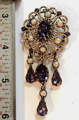 Broche prendedor vintage ornamentado tono dorado púrpura estrás imitación perla filigrana 3,25 pulgadas - Imagen 14 de 14