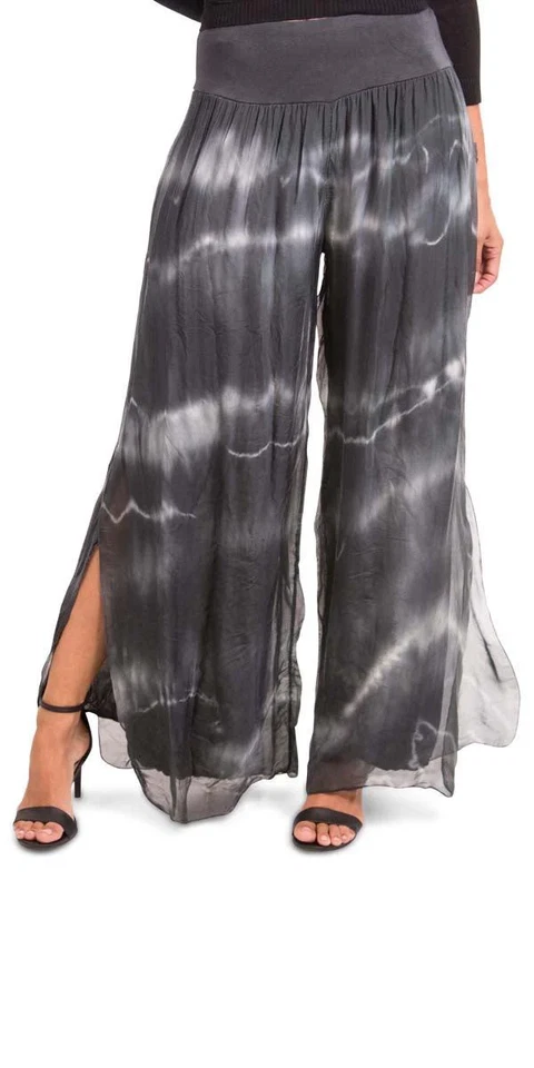 PANTALONES PALAZZO GIGI MODA JAZMÍN GRIS Y BLANCO SEDA, ABERTURAS LATERALES, FORRO JERSEY O/S