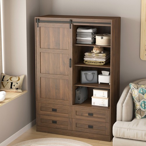 Tall Bedroom Armoire Closet Clothing Storage Cabinet with Drawers Open Shelves - Picture 2 of 12