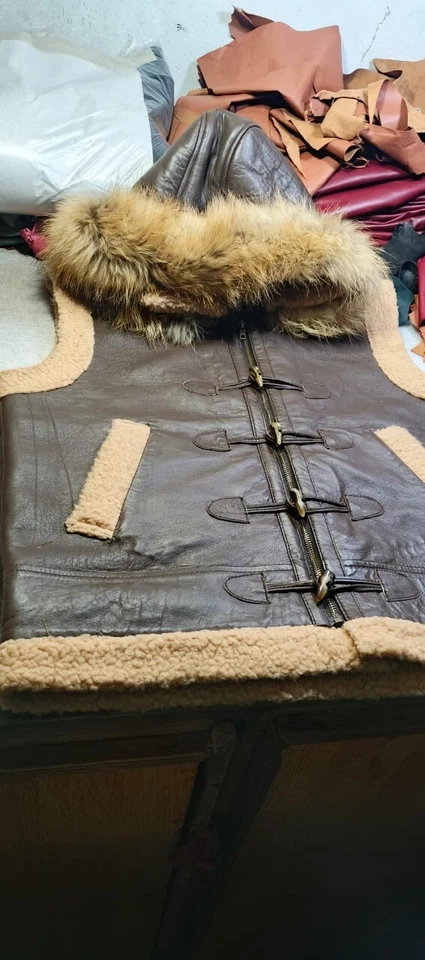 RAF B3 Real Shearling Real Leather Bomber Vest Removable Hood with Raccoon Fur - Image 2 of 4