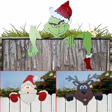 Christmas Fence Peeker Yard Garden Decoration Santa Claus Reindeer Grinch