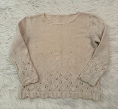 Loro Piana 100% Baby Cashmere Sweater Knit Crochet Leaf Print Cream 38