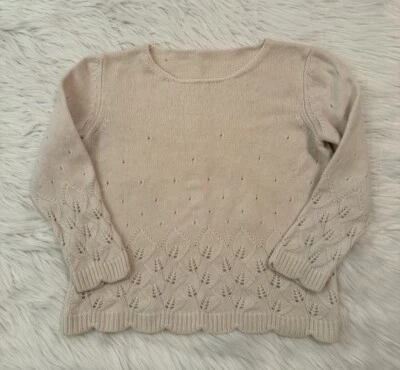Loro Piana 100% Baby Cashmere Sweater Knit Crochet Leaf Print Cream 38