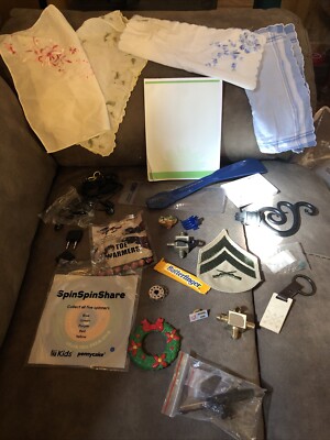 junk drawer lot of misc items Handkerchiefs Shoe Horn Cards +