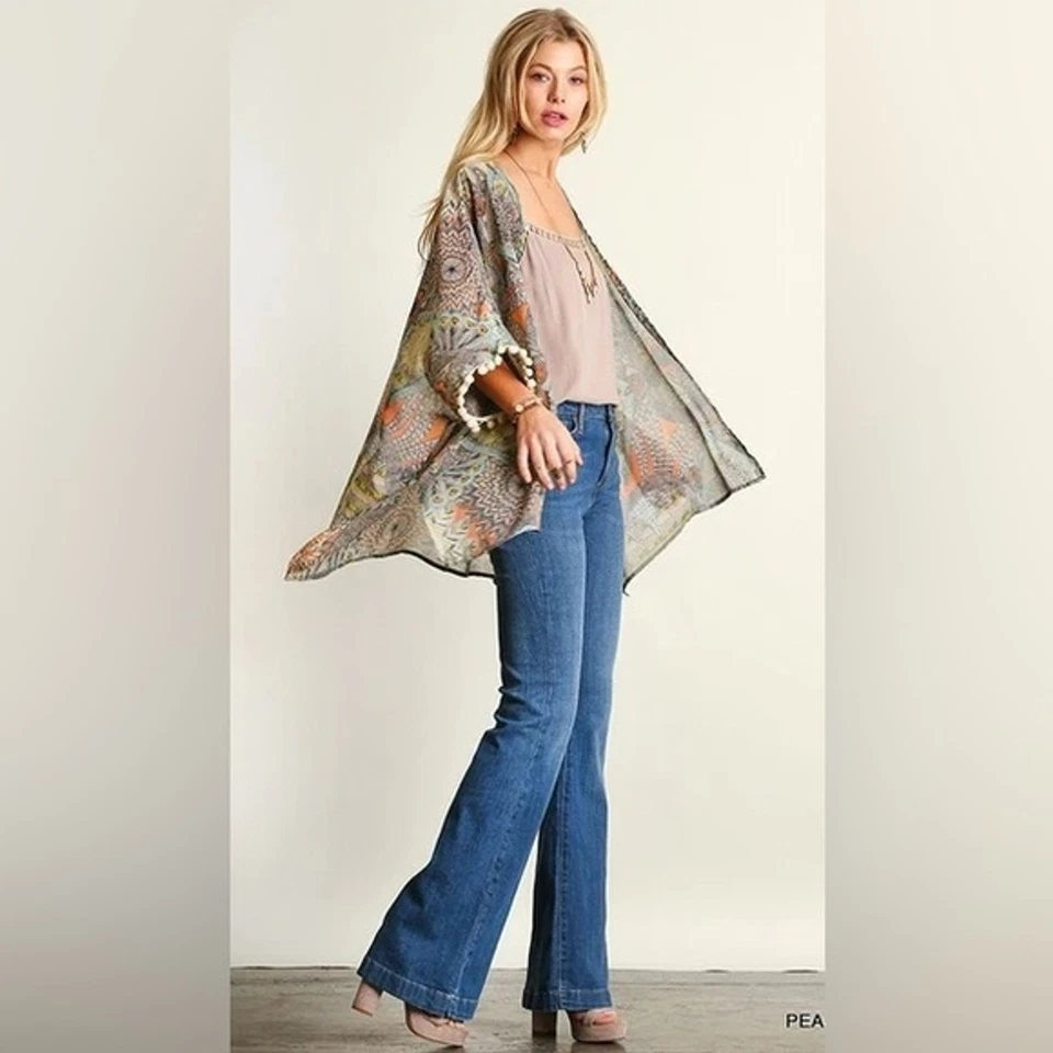 UMGEE Kimono Talla M/L Western Pom Ribete Transparente Ligero Festival Boho Envoltura Foto 2 de 4