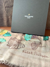 Patek Philippe Cashmere Floral Stole Scarf Beige Fringe Logo Woven