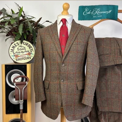 Ede & Ravenscroft 38R Windowpane Tweed English Suit 2 Pairs Trousers Savile Row - Image 1 of 4