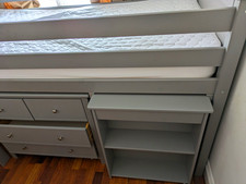 Grey Single Wooden Bunk Bed Frame with Built-In Ladder, 4 Drawers & Shelves.