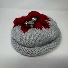 Hand Knit Baby Infant Hat with Jingle Bells Holiday Gray Red Silver