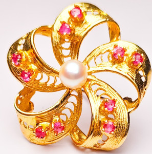14K Gold Pearl & Pink Sapphire Floral Brooch • Vintage Estate Collector Pin 7g