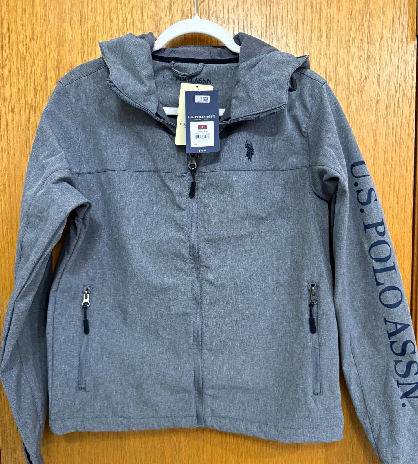 U.S. Polo Assn. Men’s Gray Hooded Full Zip Softshell Jacket Logo Size XL or S image 1