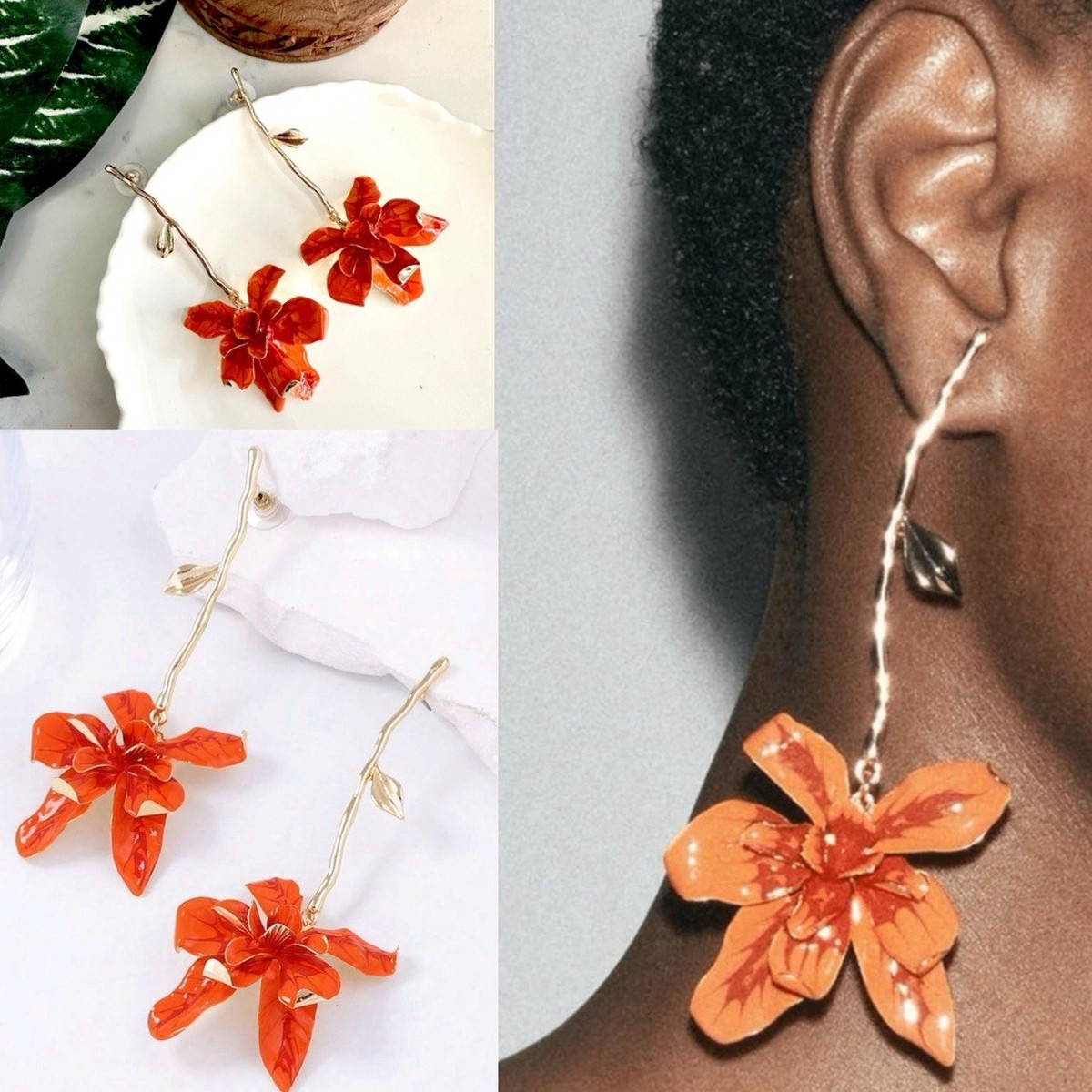 Orange Red Flower Stem Earrings Zara Statement Jumbo Garden Floral Jewelry  NEW