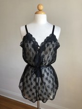 STUNNING VTG LORRAINE Black Lace Belted Teddy Romper Bodysuit Lingerie SZ 38