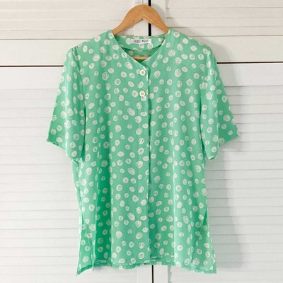 Jacques Vert Blouse Size 10 Green Print Vintage 80s Short Sleeve Silky Top Retro