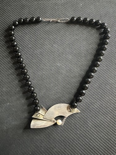 Designer MJS Sterling Silver Beaded Black Onyx Modernist Pearl Necklace 16”