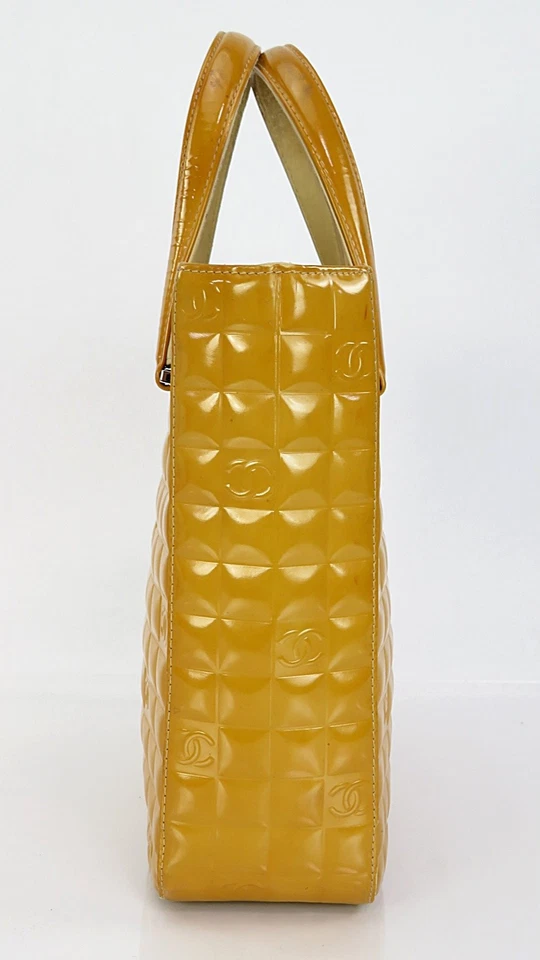 Authentic CHANEL Beige Chocolate Bar Patent Leather Tote Hand Bag #61657 - Image 4 of 4