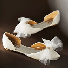 Badgley Mischka Fergie Bridal Ballet Flats Ivory Tulle Bow Pointed Toe D  Orsay S