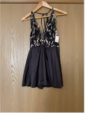 New w/ Tags Auden Black Satin Lace Lingerie Chemise Mini Slip Dress Women's Sz L