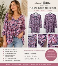 Natural Life Floral Boho Tunic Top M Pink Blue Peasant Blouse Flowy 3/4 Sleeve