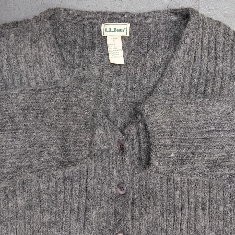 Cardigã suéter feminino vintage LL Bean mohair lã cinza grande - Imagem 2 de 4
