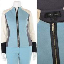 St. John Knits Color Block Milano Knit Wool Jacket in Azure Blue/Ivory/Grey sz 8