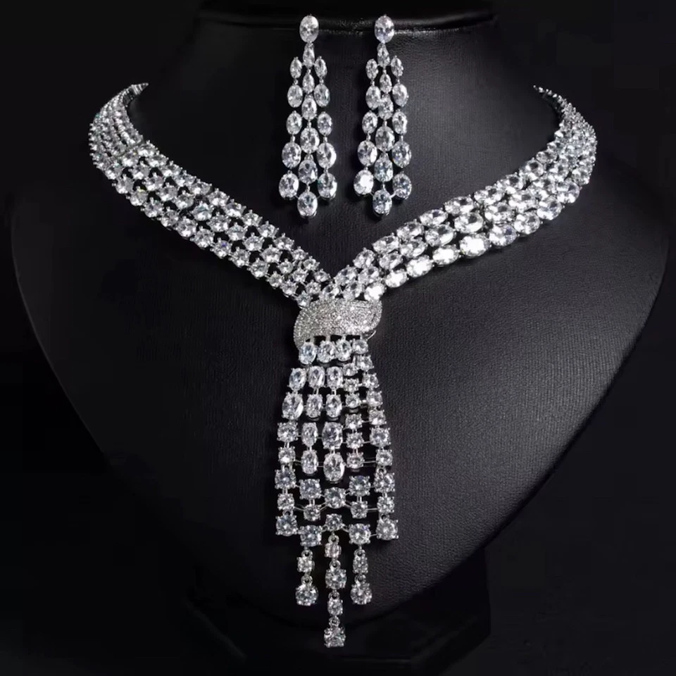 18k White Gold Filled Lab-Created Sapphire Necklace Earrings Set Wedding Jewelry - Image 2 of 4