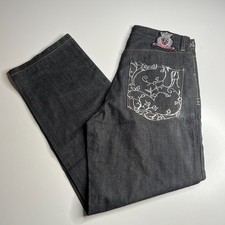 The Crown Holder Raw Black Denim Jeans 36x34 Embroidered Rhinestone Detail