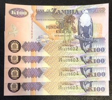 (4)x 2005 Zambia 100 Kwacha CONSECUTIVE SERIAL # s Banknotes Currency Lot UNC!