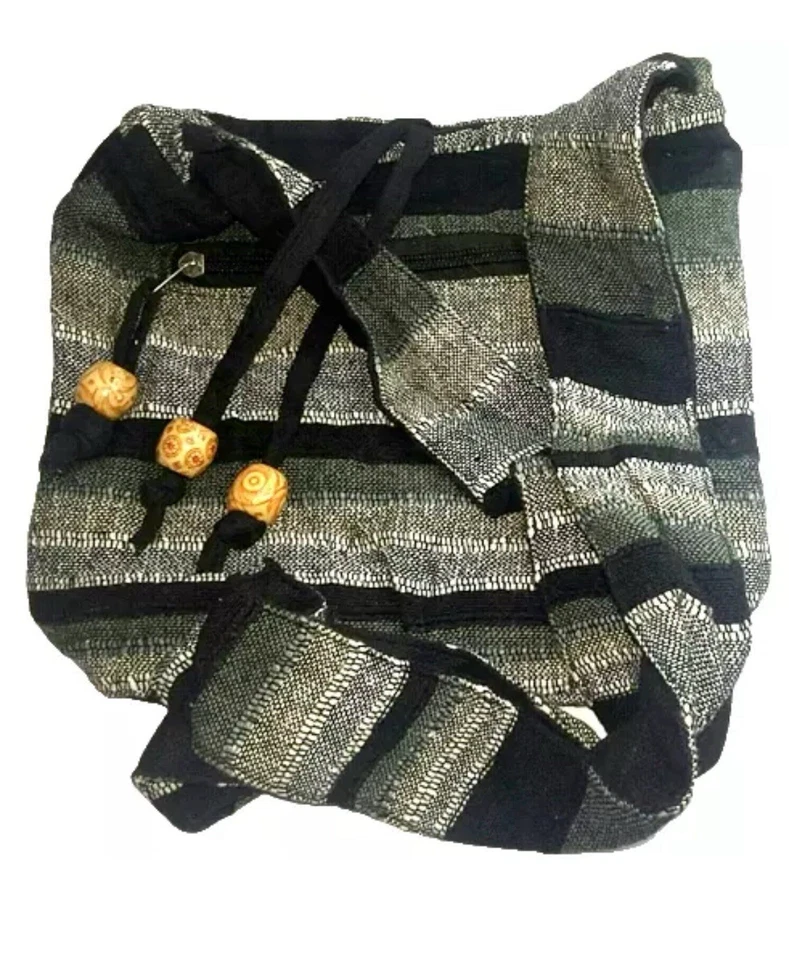 Women Casual Shoulder Sling Bag 24cm Black Granite Grey Cotton Hippie Nepal Boho - Image 2 of 4