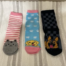 Women Crew Socks 3 Pairs Multicolor Cat Dog Animal Print Size 7.5 To 9.5